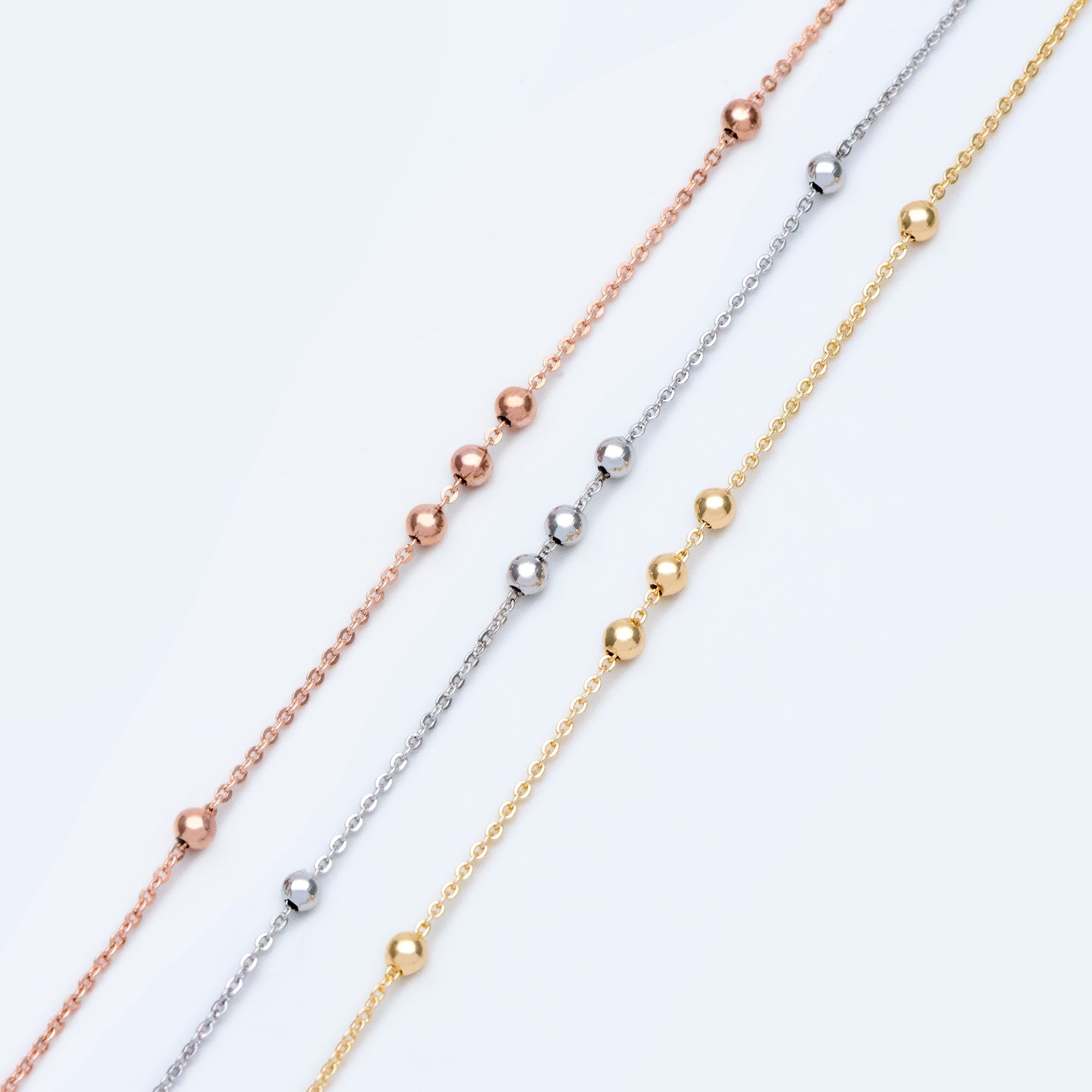 Gold/ Silver/ Rose Gold Beaded Chains, 1.3mm Chain with 3mm Ball Beads, Color Not Easily Tarnish (#LK-165)/ 1 Meter=3.3 ft